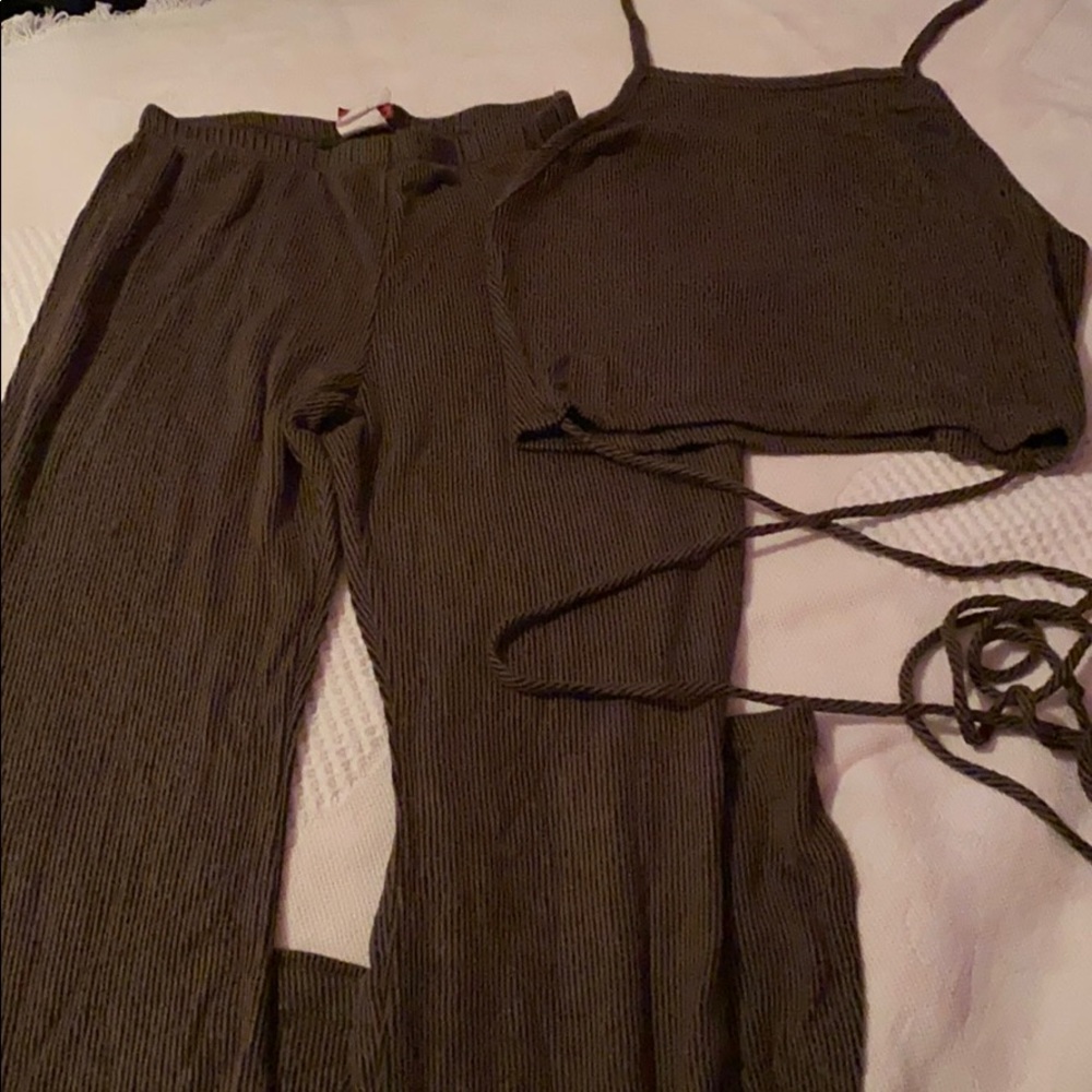 Two piece tie back shirt with bell bottom pants